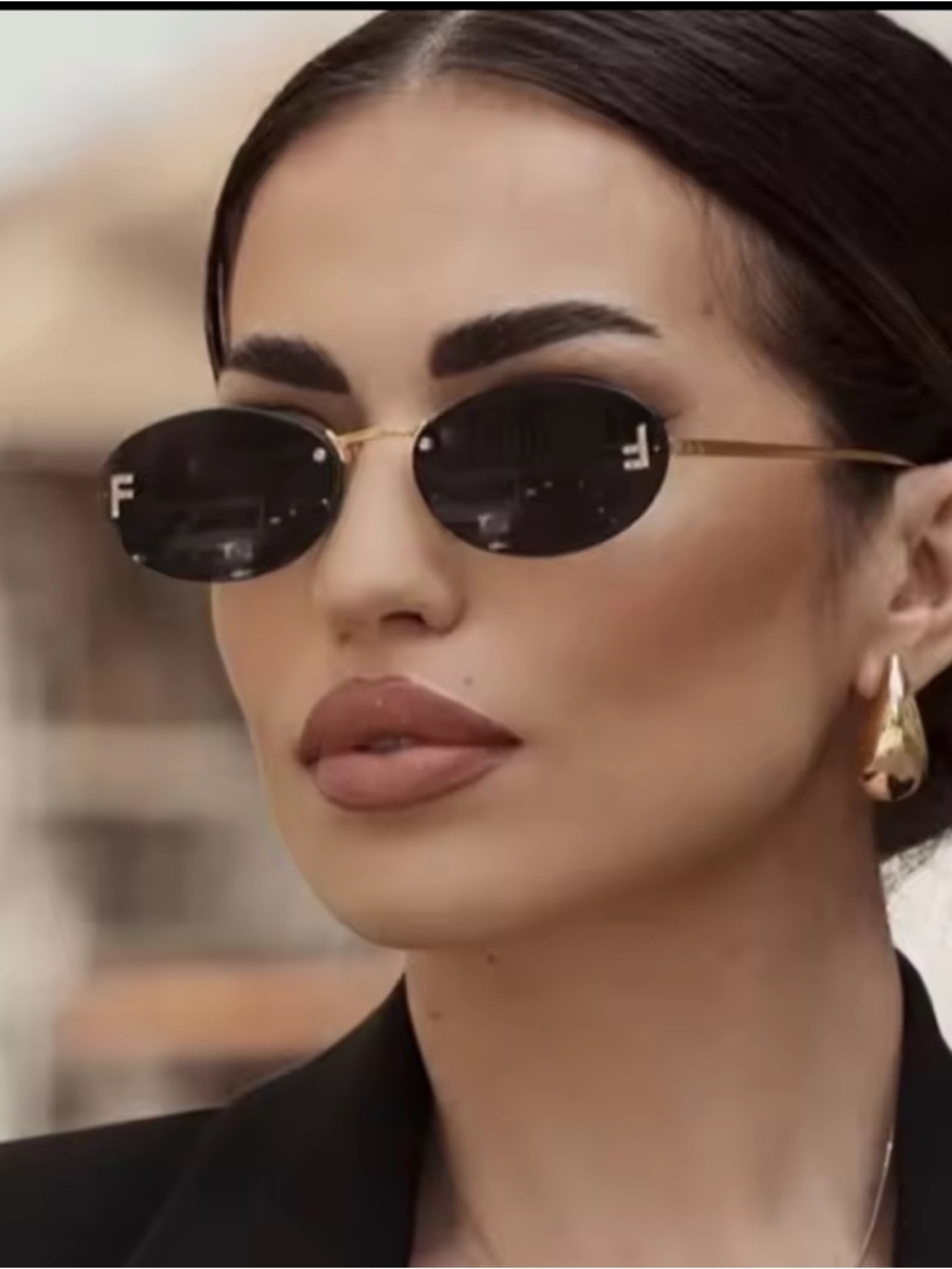 Oval Black Lens Sunglasses with Gold Frame